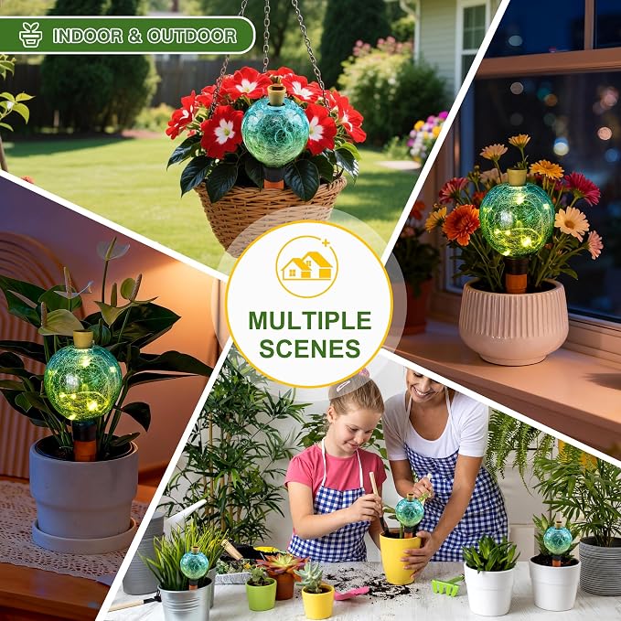 SAVENNA Crackle Glass Plant Watering Globe with Terracotta Spike,Self-Watering Irrigation for Potted Plants, with Solar Accent Light for Indoor & Outdoor Décor, 17oz, Blue–Green Gradient