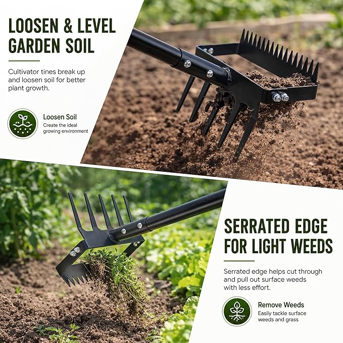 Gardzen 70" Garden Hoe for Weeding, Long Handle Hula Tool with Serrated Blade, Heavy Duty 2-in-1 Stirrup Scuffle Weeder, 5-Tine Cultivator Rake for Loosening Soil and Planting