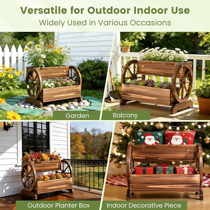 Extra Large Wooden Wagon Planter Box, 24" W 2-Tier Decorative Flower Cart with Wheels, Rustic Raised Garden Bed with Drainage Holes & Non-Woven Liner for Outdoor Plants, Flowers Herbs Vegetables