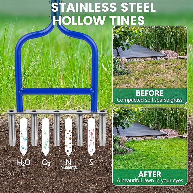 Lawn Coring Aerator, Stainless Steel 5 Corer Plug Aerator Tool with Soft Rubber Grip, Manual Grass Aerating Tool, Garden Tool & Cleaning Hand Tool for Loosening Soil and Improving Lawn Health.