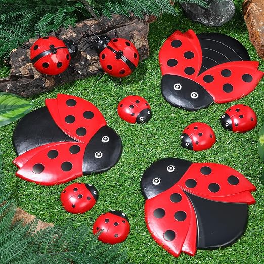 Hollowfly 10 Pcs Ladybugs Stones Decor for Outside Metal Ladybugs Art Lawn Ornaments 3 Size Lively Ladybug Holiday Yard Decorations Ladybug Gifts Mom Gifts Lady Bugs Yard Decorations