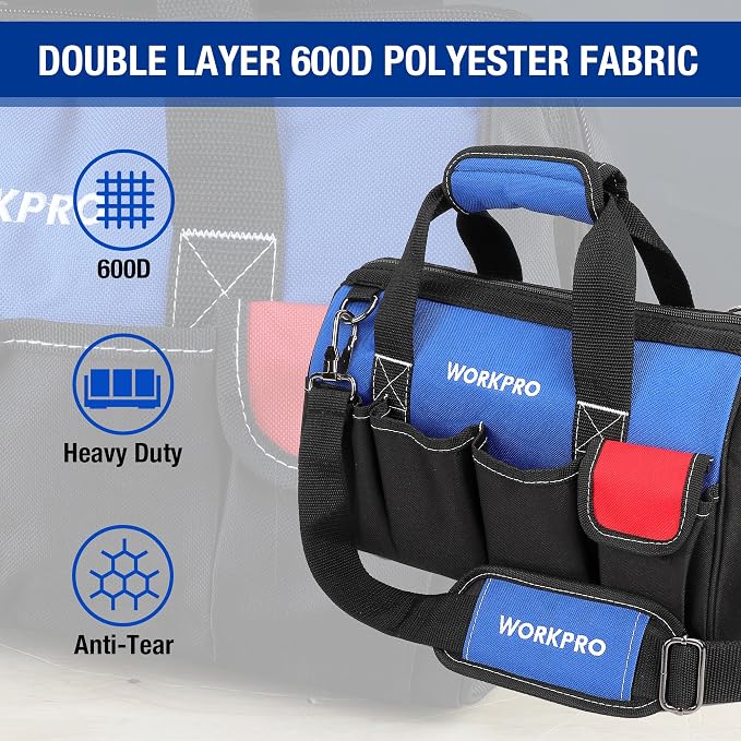 WORKPRO 14-inch Tool Bag, Multi-pocket Tool Organizer with Adjustable Shoulder Strap