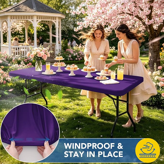 Fitted Tablecloth for 8 foot Rectangle Table-6 Pack Dark Purple Elastic Outdoor Picnic Table Cover-Spandex Stretch Folding Tablecloths 8ft for Camping Dining Room Patio Kitchen Banquet Party