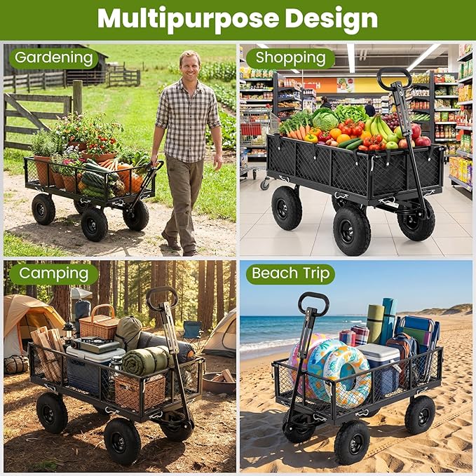 Goplus 880lbs Heavy Duty Garden Cart, Metal Utility Wagon Cart with Removable Oxford Cloth Liner & Mesh Sides, 10" Pneumatic Tires, 180° Rotating Handle for Yard, Lawn