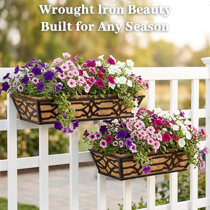 4 Pack 30 Inch Window Boxes Planters with Coco Liner, Large Metal Railing Planter Boxes for Deck, Heavy Duty Hanging Trough for Fence and Front Porch Garden Flower Display