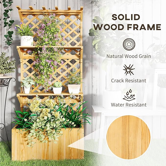 Outsunny Wooden Planter with Trellis, Raised Garden Bed with Hanging Roof, Plant Shelf, Drainage Holes and Bed Liner, for Climbing Plants, Vegetables, Flowers, 30" x 13" x 70", Natural