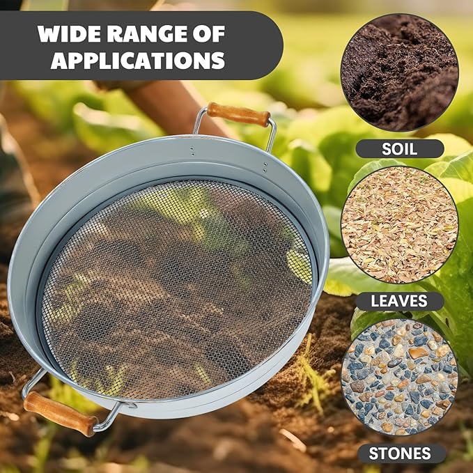 Funnymoom Soil Sifter for Gardening with 1, 3, 6, 9, 12 mm Sieve Mesh Compost Dirt Sifter with Handle Large Garden Sand Soil Rock Sieve 17.7" l x 13.8" W for Sand Rocks Pellet Gravel(Silver)