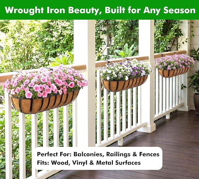 30 Inch Window Deck with Coco Liner, 30" Window Boxes Horse Trough with Coconut Coir Liner, Fence Metal Hanging Flower Planter Window Basket Deck Railing Planter Boxes for Outdoor Garden Lawn, 4pcs