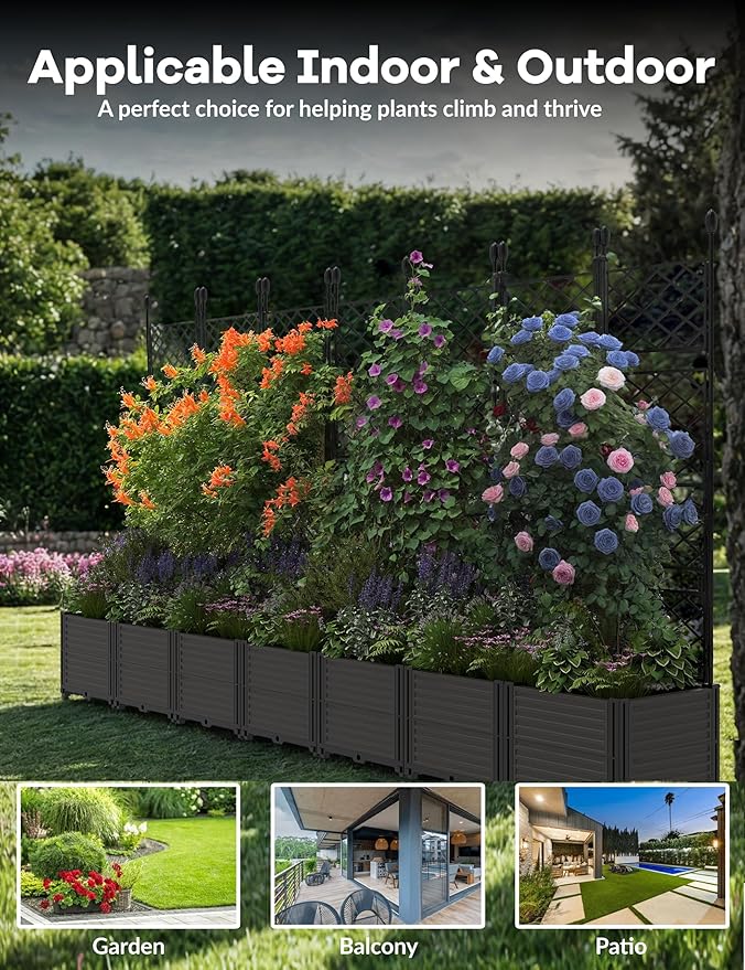Patikuin 7-Section Sturdy Weather-Resistant Raised Garden Bed with Metal Trellis, Vertical Modular Planter Box & Privacy Screen for Climbing Plants, Vegetables, Flowers