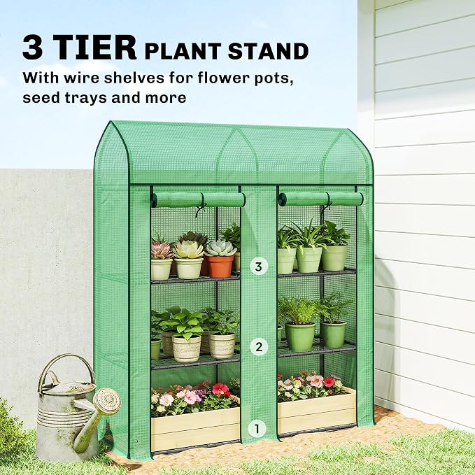 Outsunny 3 Tier Mini Greenhouse, 56.3" x 18.1" x 65" Small Portable Greenhouse with 2 Roll-up Doors, Garden Plant Growhouse with PE Cover for Indoor Outdoor, Green