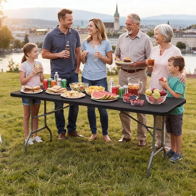 DWVO 6FT Folding Table, Heavy Duty Folding Tables with Carrying Handle, HDPE Fold up Table for Outdoor Camping Picnic Parties, Indoor Events, Black