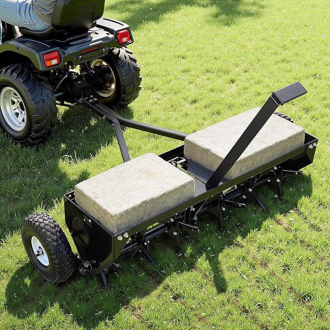 VEVOR Tow Behind Plug Aerator, 40 in Lawn Core Aerator Tool Universal Hitch, 120lbs Weight Capacity, Heavy Duty & Rust-Resistant, Pull Behind Spike Aerators with Tray for Farmland & Garden Tractors