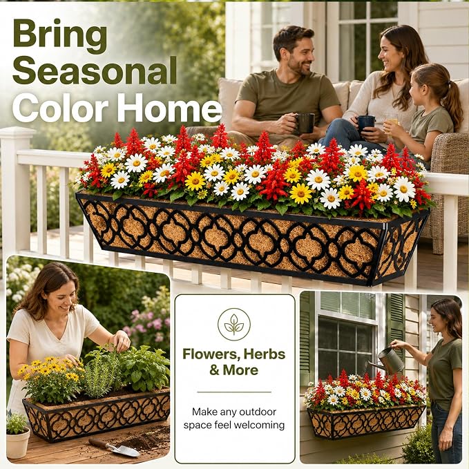 HFHOME 24 Inch Deck Railing Planter Box with Horse Trough Coco Liner, 24" Window Boxes with Coconut Coir Liner, Black Metal Hanging Flower Planter Basket for Outdoor Indoor Lawn - 4 Pack