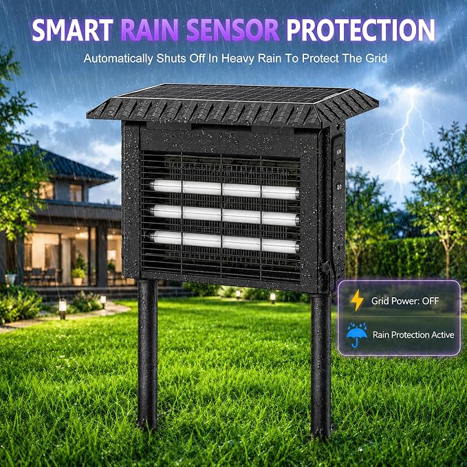 KING&DUKE Solar Bug Zapper Outdoor, 4000V Mosquito Zapper, Smart Rain Sensor, 2-in-1 Insect Trap and Patio Light for Yard Patio Camping