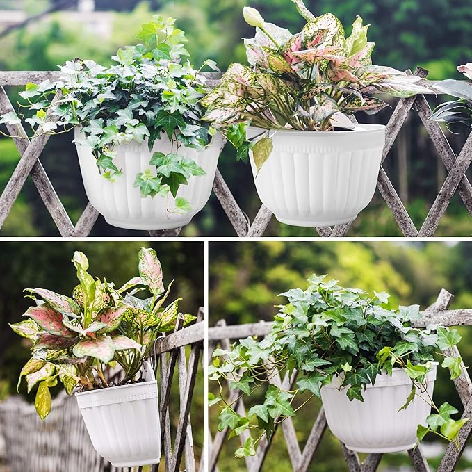 8 Pack Resin Wall Hanging Planter Pots Vertical Garden Living Wall Mount Window Hang Indoor Outdoor Plant Flower Basket for Kitchen Herbs Balcony Railing Shelf Fence Bedroom Trellis Decor Modern White