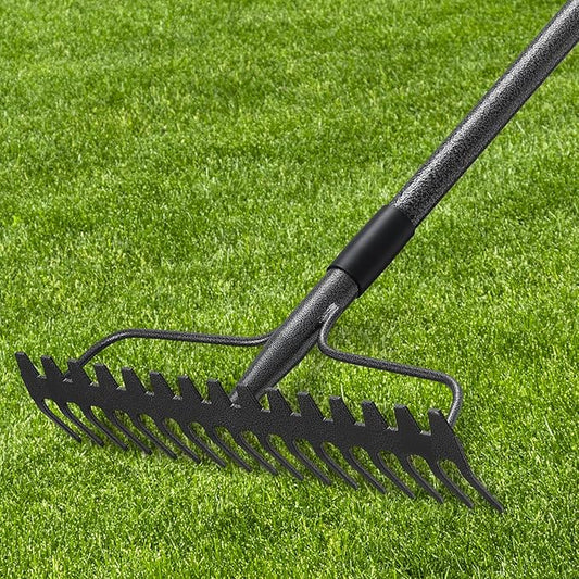 63'' Bow Rake ，17 Tines Metal Head Rakes with Stainless Steel Handle，Heavy Duty Garden Rake for Loosening Soil Gathering Leaf Leveling Lawn Farming Land Management Yarn Thatch Rake