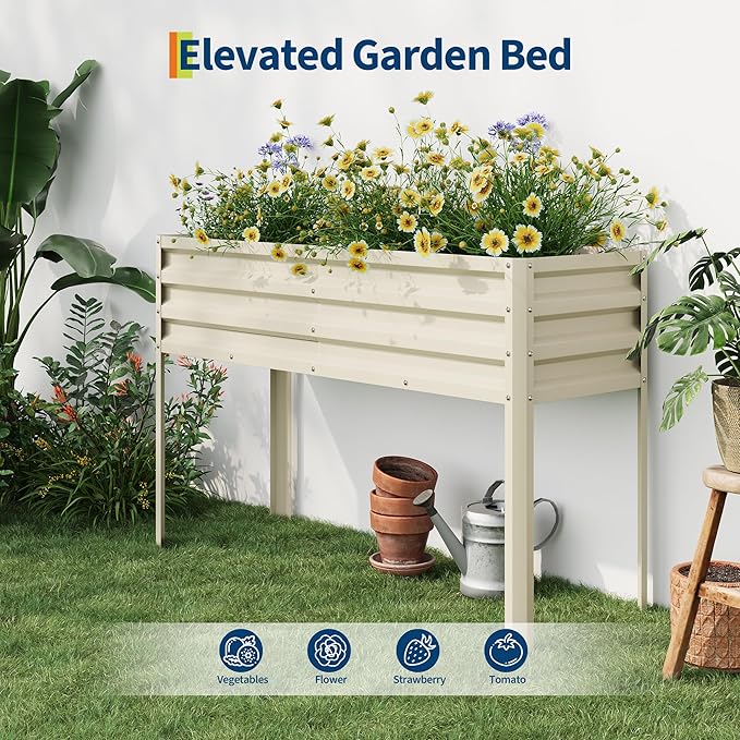 Garvee Galvanized Raised Garden Bed with Legs, 50×17×32 in Large Elevated Planter Box for Outdoor Plants, Sturdy Metal Raised Garden Beds for Vegetables, Flowers & Herbs, Backyard, Patio, Beige