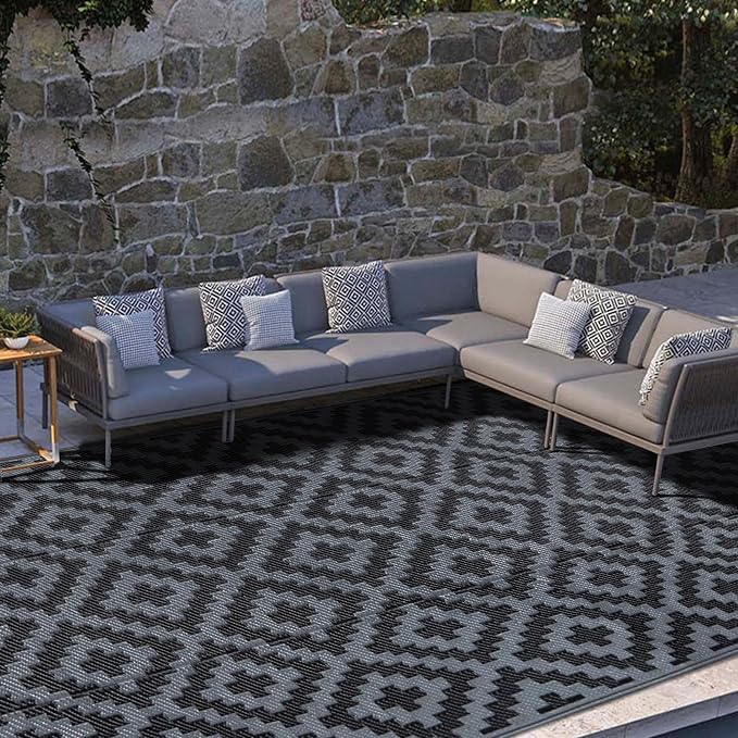 SAND MINE Waterproof Outdoor Rug 9x18 ft, Plastic Reversible Rug, Modern Area Rug, Large Floor Mat for Outdoors, RV, Patio, Backyard, Deck, Picnic, Beach, Camping, Black Grey Lattice
