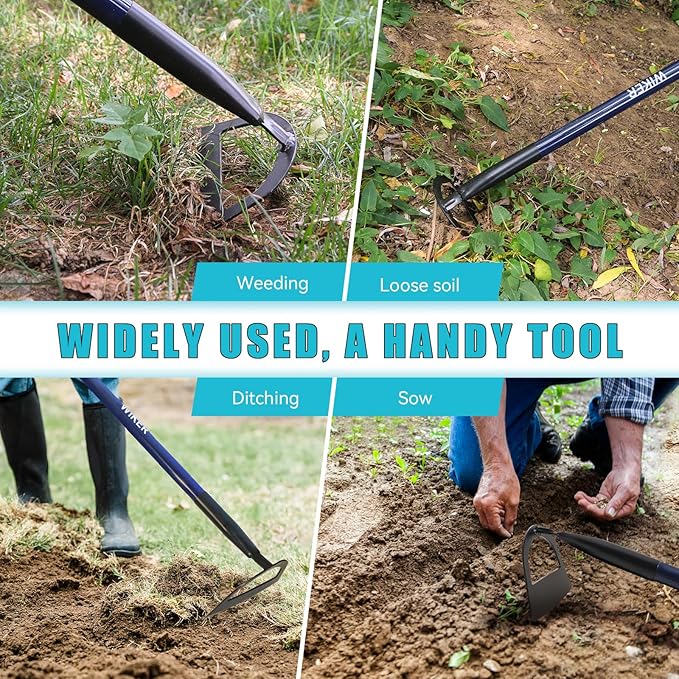 WIEKR Sharp Garden Hoe – Heavy Duty Weeding Hoe with Long Fiberglass Handle – Pre-Sharpened Blade for Easy Weeding – Large Hoe for Gardening, Farm, Field