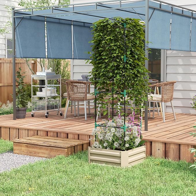 Outsunny Galvanized Raised Garden Bed, 73.5" Tall Outdoor Planter Box with Trellis Tomato Cage and Open Bottom for Climbing Vines, Vegetables, Flowers in Backyard, Garden, Patio, Cream