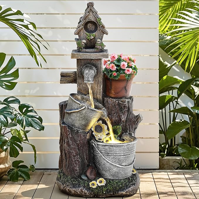 20" 3-Tier Resin Birdhouse Water Fountain, Pastoral Cascading Bucket Water Feature with LED Lights, Soothing Outdoor Fountain for Patio Backyard Garden Porch