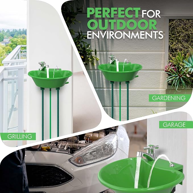 Tribello Outdoor Sink and Drinking Fountain - 2 in 1 Easy to Install Outdoor Garden Sink for Hand Washing, Gardening, Vegetable Washing, Grilling, Garage Work and More (16x10x5)