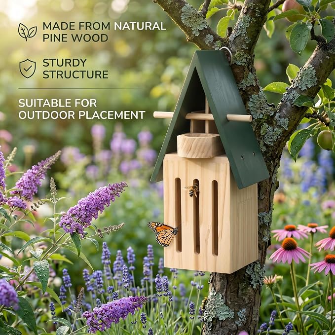 Butterfly House with Feeder - Wooden Butterfly Houses for Garden & Outside, 11.02x3.54x4.72 Inch
