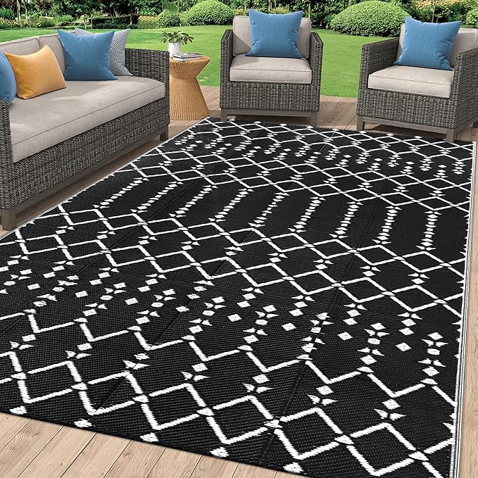 Smiry Outdoor Rug 9x12 ft, Waterproof Reversible Plastic Straw Rugs, Boho Outdoor Area Rug, Outside Floor Mat for Patio, Backyard, Deck, Picnic, Beach, Camping, Black