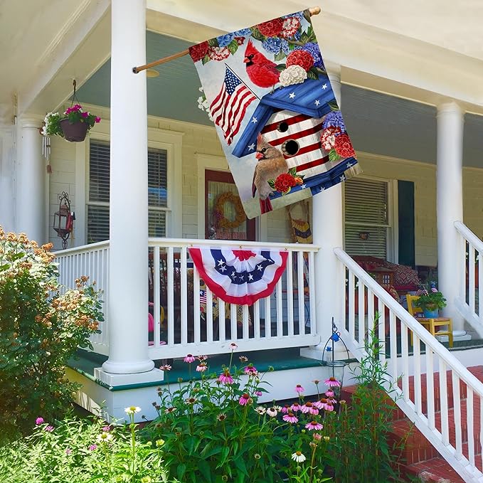 BLKWHT 4th of July Cardinal Bird House Flag 28x40 Vertical Double Sided Red Blue Floral Memorial Day Independence Day Holiday Outside Decorations Burlap Yard Flag BW824-40