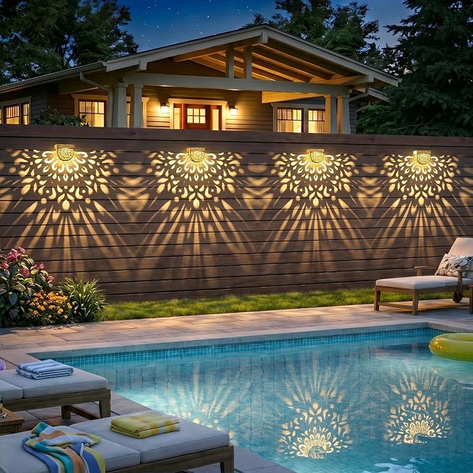 Solar Fence Lights 6 Pack Solar Step Lights Outdoor Waterproof LED Solar Powered Wall Lights Outdoor Decorations Warm Yellow Light Decorative Lighting for, Front Door, Backyard (Gold)