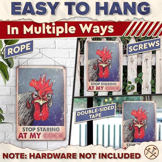 Chicken Coop Sign 8 x 12 Inches – Stop Staring at My Sign, Rooster Decor – Lightweight Durable Tin Metal, Fade-Resistant, Easy to Install, Indoor and Outdoor Use | Chicken Coop Accessories & Gifts