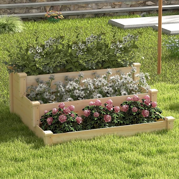 Giantex 3-Tier Raised Garden Bed, Tiered Planter Box w/Open-Ended Base, Fir Wood Elevated Raised Beds for Gardening, Vegetable Flower Herb Fruit, Perfect for Patio, Lawn, Backyard
