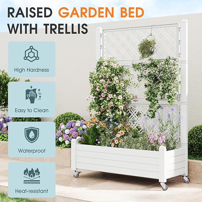 Resin Raised Garden Bed with Trellis and Wheels, Planter Box with Trellis Outdoor, Raised Planter with Trellis with Drainage Holes & Water Monitor for Climbing Plants, Ashen(61.2" H)