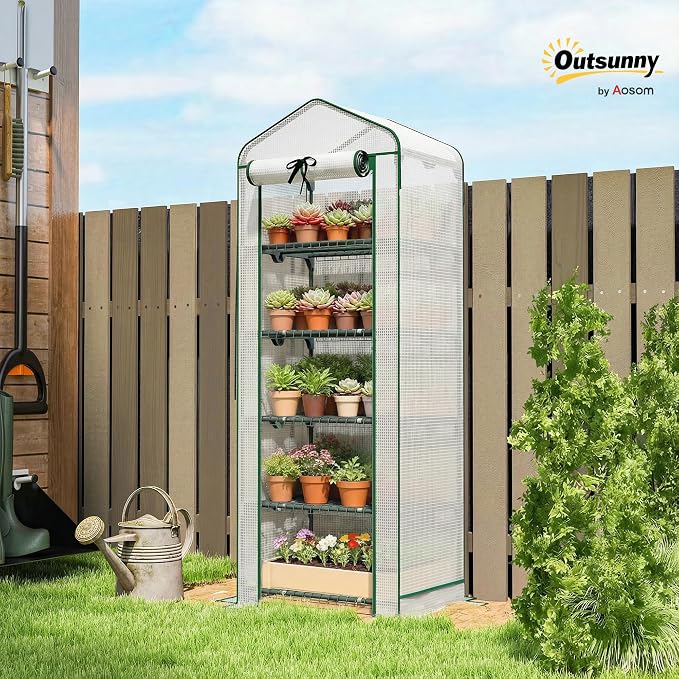 Outsunny 5 Tier Mini Greenhouse with Screen Roof, 27.6" x 19.7" x 75.6", Portable Small Greenhouse with High Strength PE Cover, Roll-Up Zipper Door for Garden Yard Backyard, White
