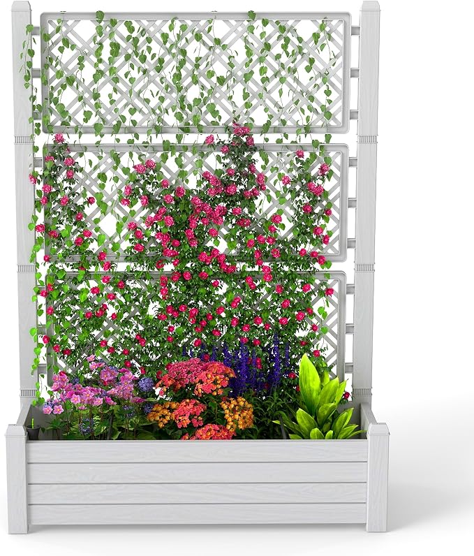 EasyUp 21 Gallon Raised Garden Bed with Trellis for Climbing Plants, Anti-Rust Resin Outdoor Planter Box with Drainage Holes for Backyard Patio Balcony (Ashen)