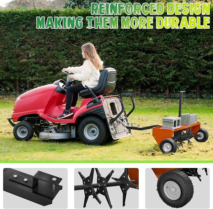 PPOLB 48" Lawn Aerator Tow Behind, Plug Aerator Tow Behind with Universal Hich, Orange Painted Galvanized Steel with Tray and Inflatable Wheels, Pull Behind Aerator for Garden, Farm and Lawn