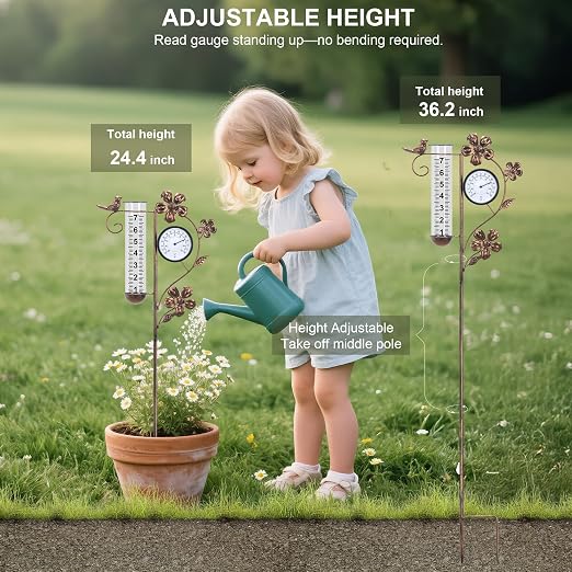 Rain Gauge Outdoor with Thermometer Garden Decor, Bird Decorative Outdoor Rain Gauges for Yard Patio Lawn Garden