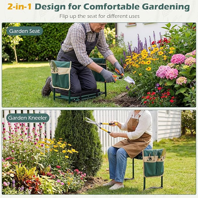 Goplus Foldable Garden Kneeler and Seat, 11" Wide 2-in-1 Gardening Bench, Detachable Thick EVA Foam Pad, 350 lbs Heavy-Duty Metal Frame, Tool Pouch, Portable Stool, Gardening Kit for Seniors (Green)
