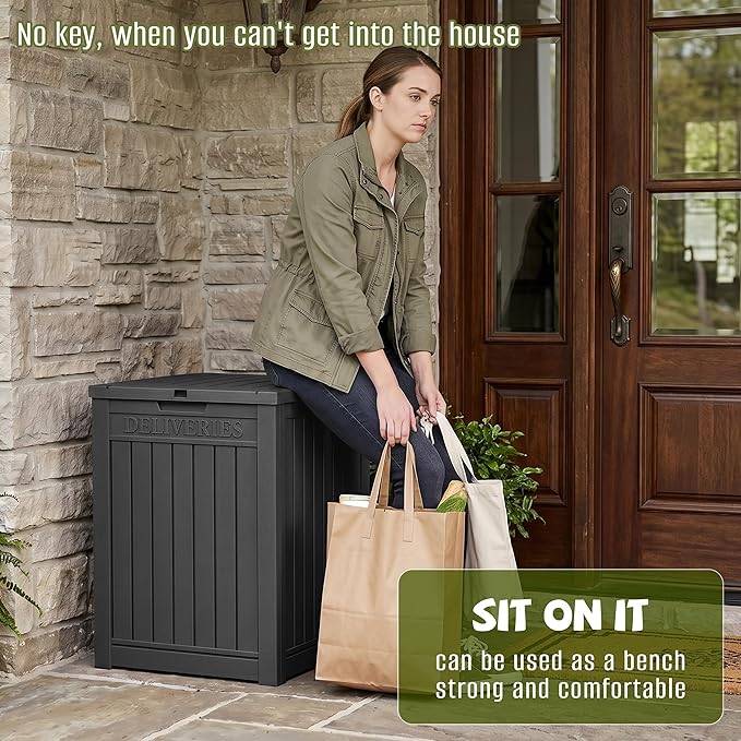 55 Gallon Package Delivery Boxes Outside Secure Waterproof Resin UV Resistant Lockable Mail Parcel Drop Mailbox Storage Deck Box for Outdoor Porch Patio Black