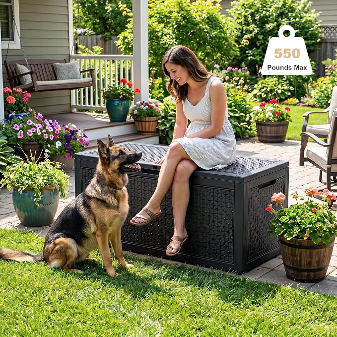 EasyUp 110 Gallon Deck Boxes Outdoor Waterproof, Resin Outside Storage Box for Patio Cushion Furniture Pool Accessories Garden Tools Indoor Outdoor Storage Bench (110 Gallon, Black)