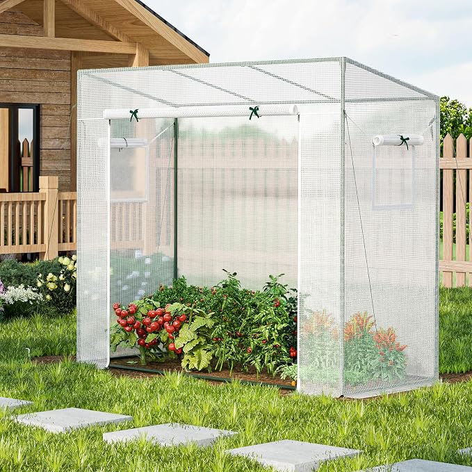 Giantex Walk-in Greenhouse, 4 Ground Stakes & Ropes, Outdoor Portable Mini Greenhouse w/ PE Cover, Heavy-Duty Metal Frame, Roll-up Zipper Door, Double-Layer Screen Windows, 6.6 x 2.5 x 5.6 FT