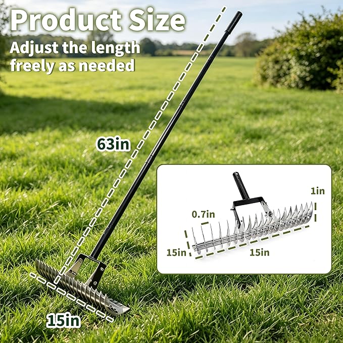 Dethatcher Rake 15-Inch Lawn Thatching Rake,19-Tine Heavy-Duty Steel Dethatching Rake with Adjustable Head&Long Handle,Durable Thatch Rake for Removing Dead Grass,Moss&Lawn Debris