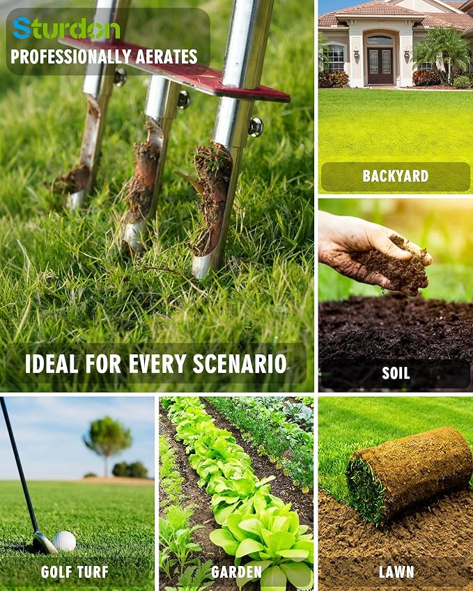 Manual Lawn Aerator - 42 Inch, 304 Stainless Steel Aerator Lawn Tool, Easy to Install, Rust Resistant, Core Aerator for Yard&Grass Compacted Soil, 3 Detachable Hollow Tines, Non Slip Foot Pad