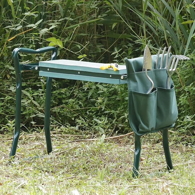 Folding Garden Kneeler Seat Garden Bench Stool with Handles, Multi-use Pouch, Heavy Duty Yard Gardening Chair with Soft Kneeling Pad,Green
