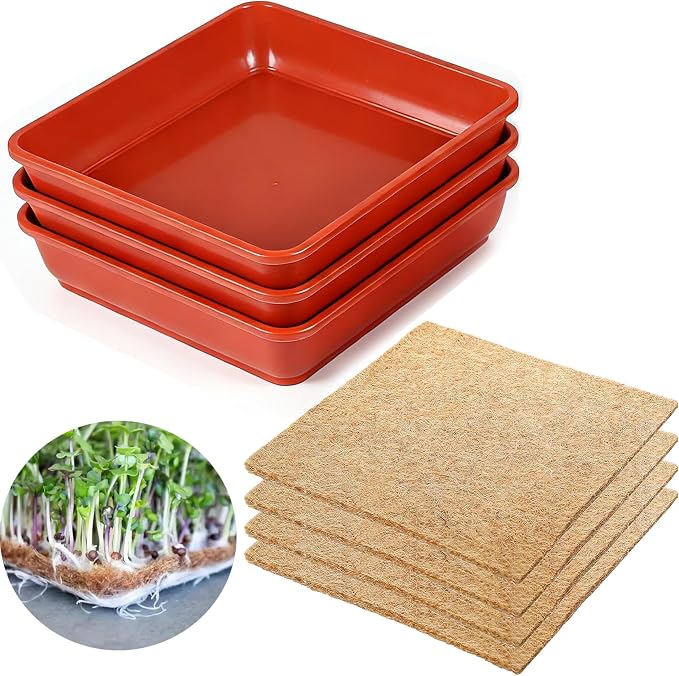 Microgreens Growing Trays Kit –3 Pack (12 x 12) in MicroGreen Grow Trays with 4 Hemp Fiber Grow Mats, 10 x 10 x 1.8 Inch Seed Starter Trays for Growing Microgreens, Indoor Gardening