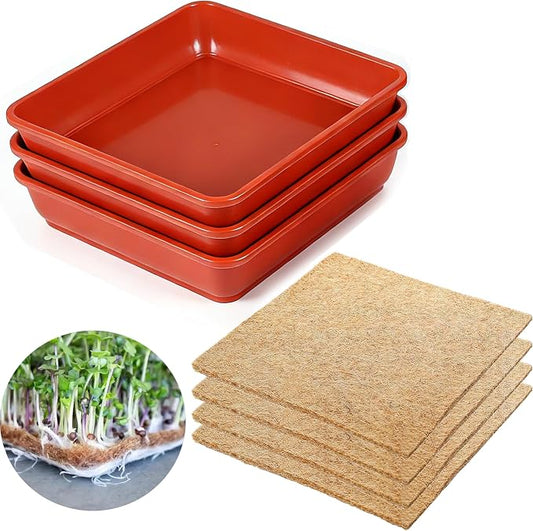 Microgreens Growing Trays Kit –3 Pack (12 x 12) in MicroGreen Grow Trays with 4 Hemp Fiber Grow Mats, 10 x 10 x 1.8 Inch Seed Starter Trays for Growing Microgreens, Indoor Gardening