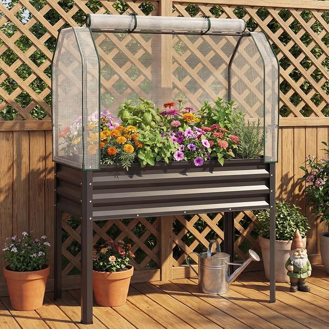Giantex Raised Garden Bed with Legs & Greenhouse Cover, 44x22x60 Elevated Metal Planter Box with Roll-up Door, Outdoor Mini Greenhouse for Vegetable Flower Herb Patio Balcony (Black,1)