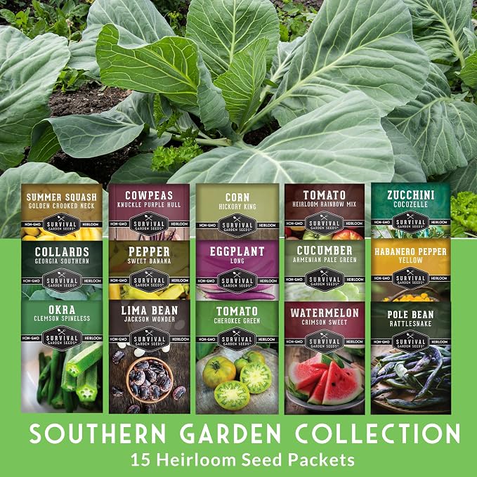 Southern Vegetable Seeds Collection – 15 Heirloom Heat Loving Vegetables Variety Pack for Planting – Okra, Collard Greens, Purple Hull Peas, Dent Corn – Survival Garden Seeds