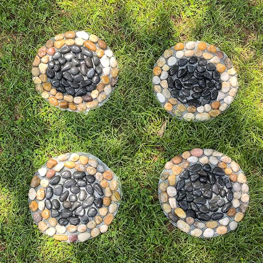 Garden Stepping Stone Outdoor Decorative Round Stepping Stones with Black Stones Round Polished River Pebble Stone from Natural River, for Garden Patio Walkway(10in 6Pcs Pack)