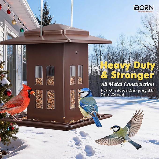 iBorn Bird Feeder for Outdoor Hanging,Metal Bird Feeder Hanging Outside for Cardinal, Double-Sided Hanger Wild Birdfeeder All Metal Constructions, Holds 2.6LB Seed, Bronze,8 Ports
